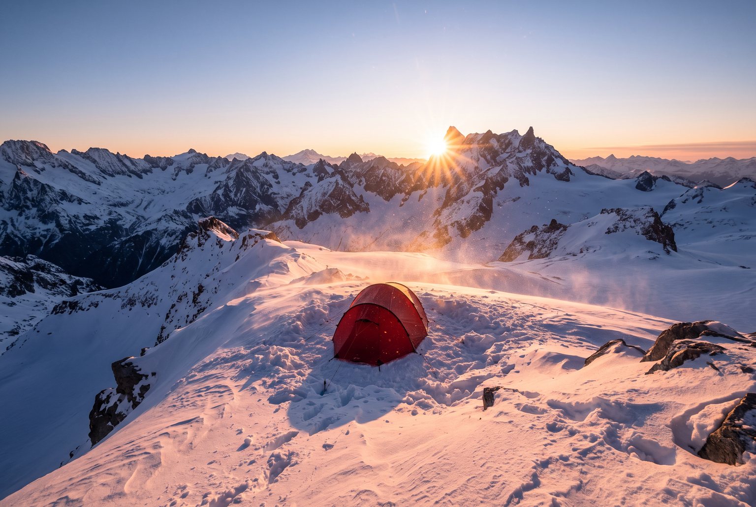 Red tent on a snowy alpine ridge at sunrise
