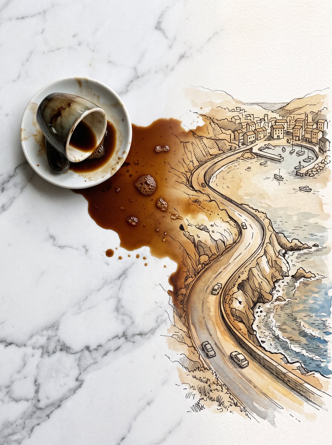 Espresso cup whose spilled coffee turns into a watercolor sketch of a coastal road