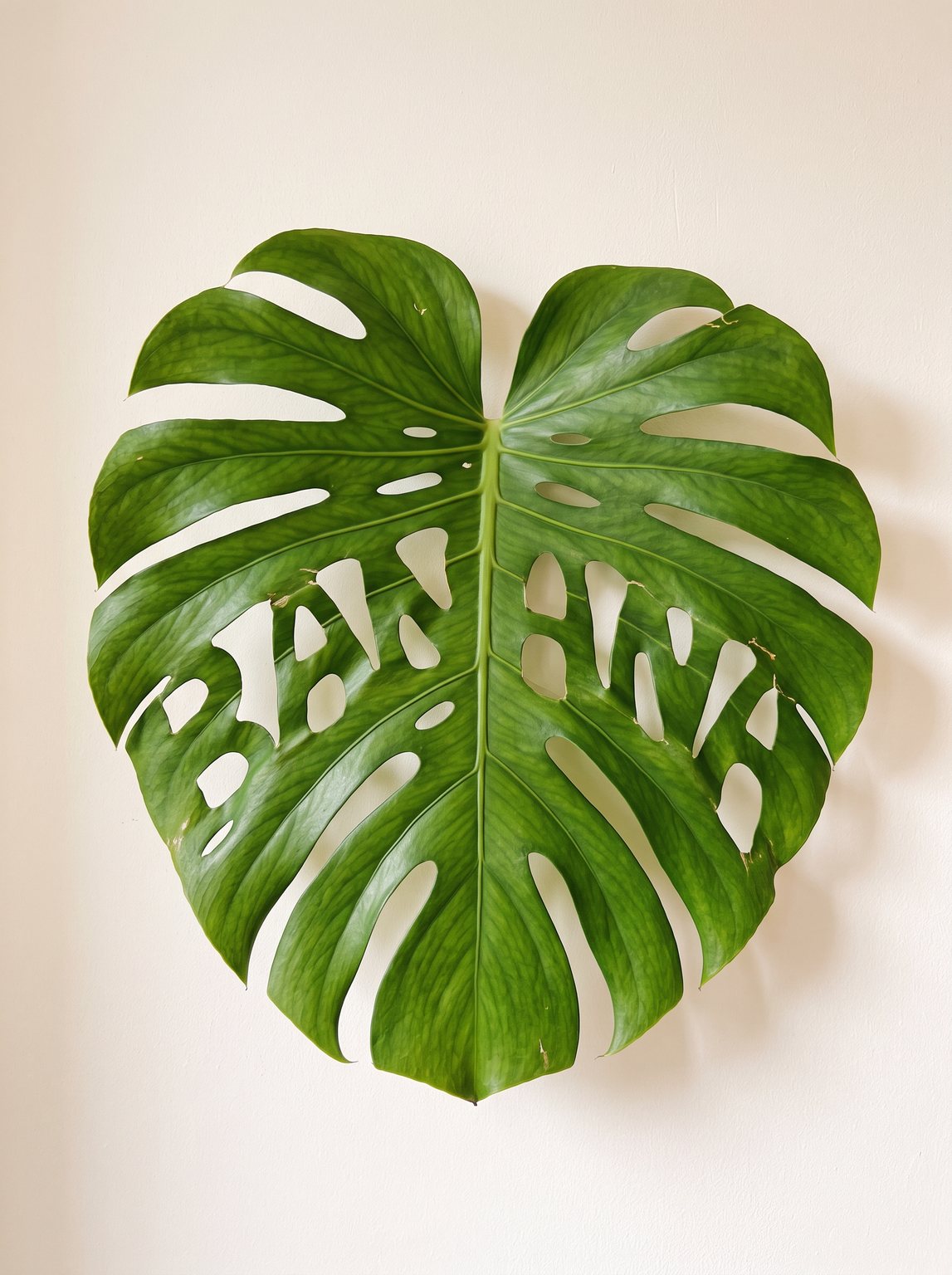 Monstera leaf whose natural holes spell the word BANANA