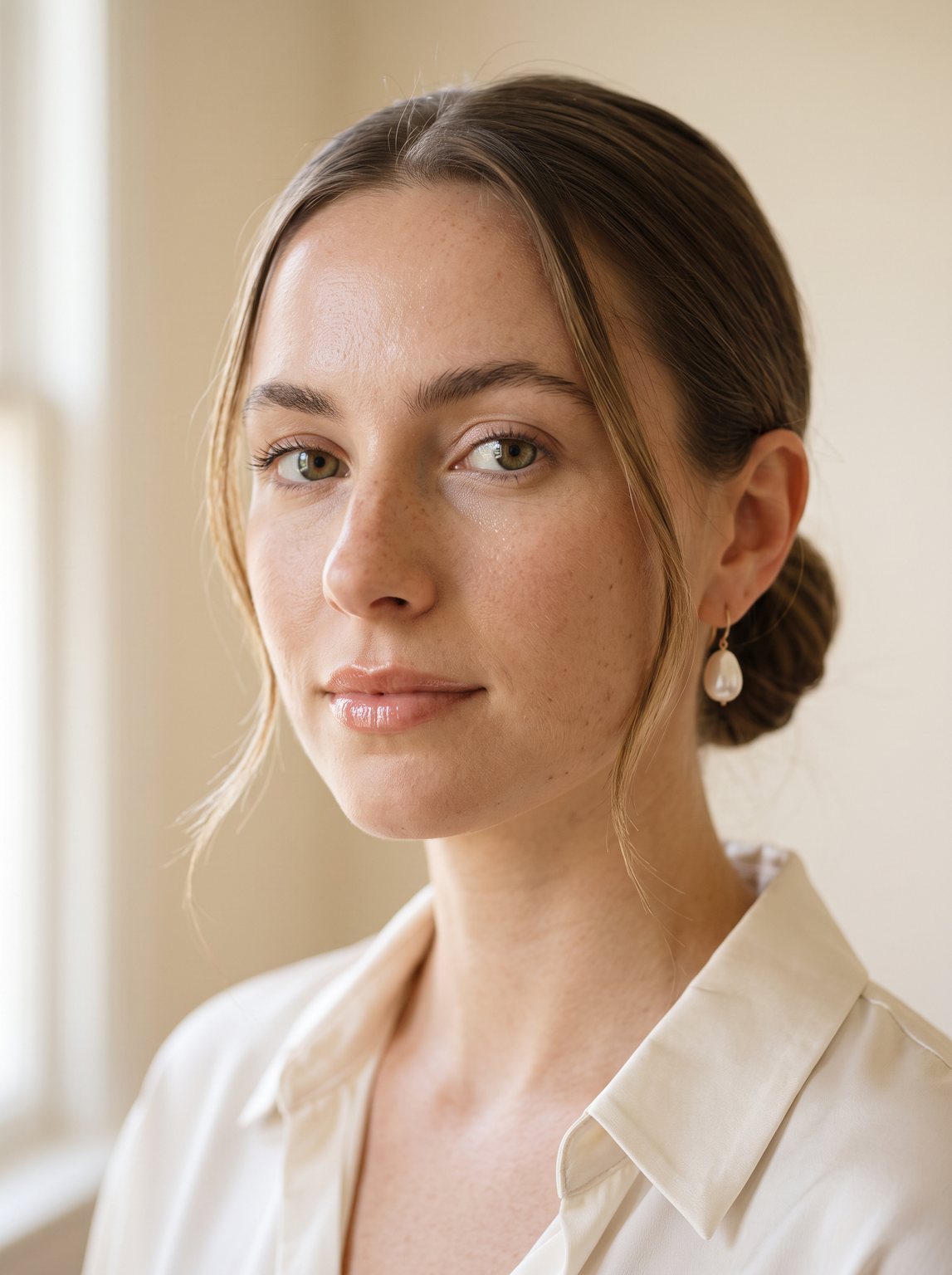 Editorial beauty close-up of a freckled woman wearing pearl earrings