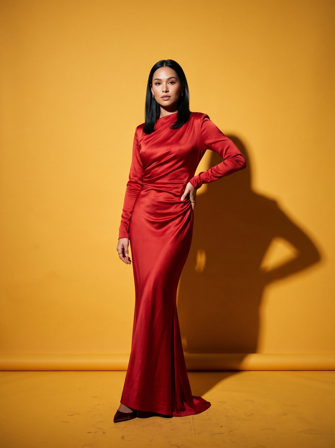 Fashion portrait of a woman in a red satin gown on a yellow backdrop