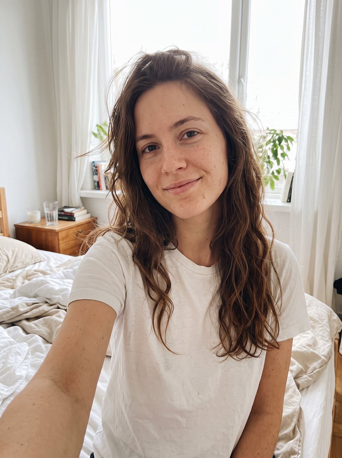 Candid selfie of a woman by a sunlit bedroom window