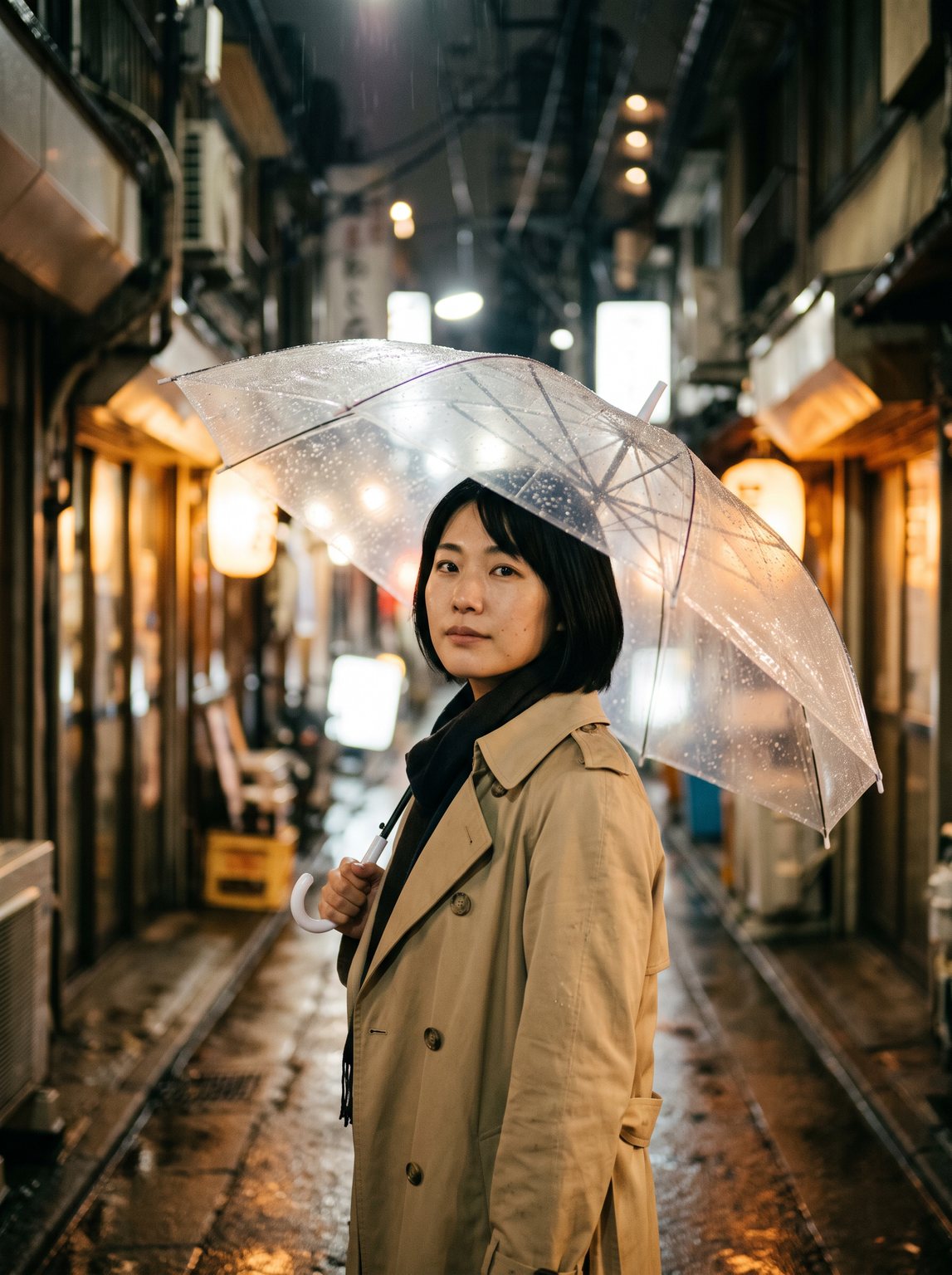 Woman with a clear umbrella on a rainy Tokyo side street at night