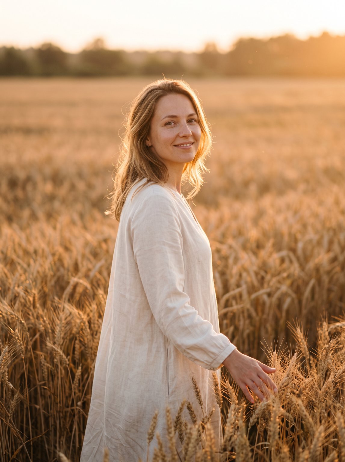 Golden-hour portrait of a woman in a ripe wheat field