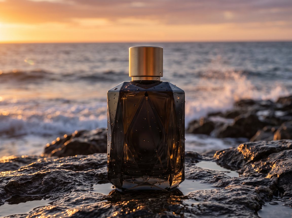 The same perfume bottle restaged on wet coastal rocks at sunset