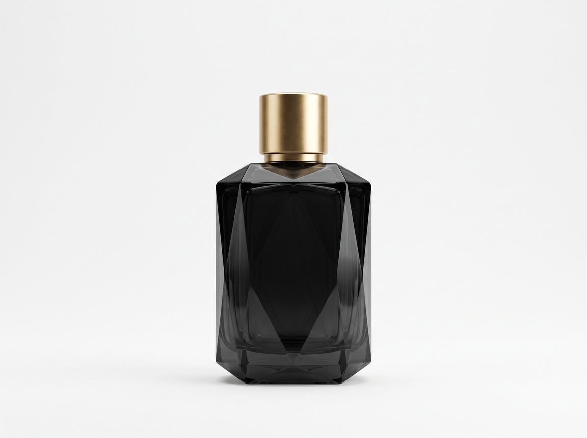 Original packshot of a faceted black perfume bottle on white
