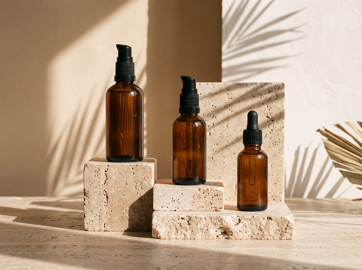 Three amber glass skincare bottles on travertine pedestals in morning sunlight