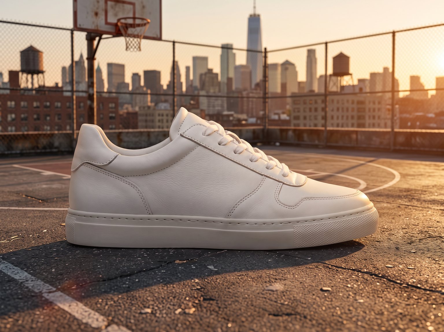 White leather sneaker on a sunlit rooftop basketball court at golden hour