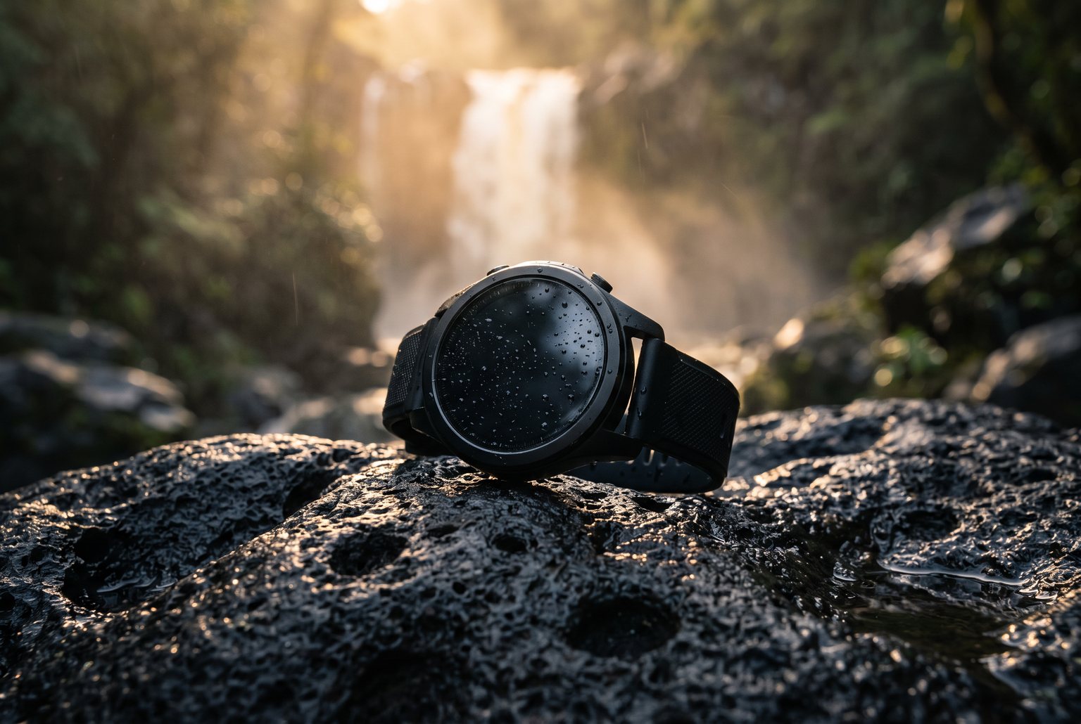Matte black smartwatch on wet volcanic stone with golden rim light and a misty waterfall