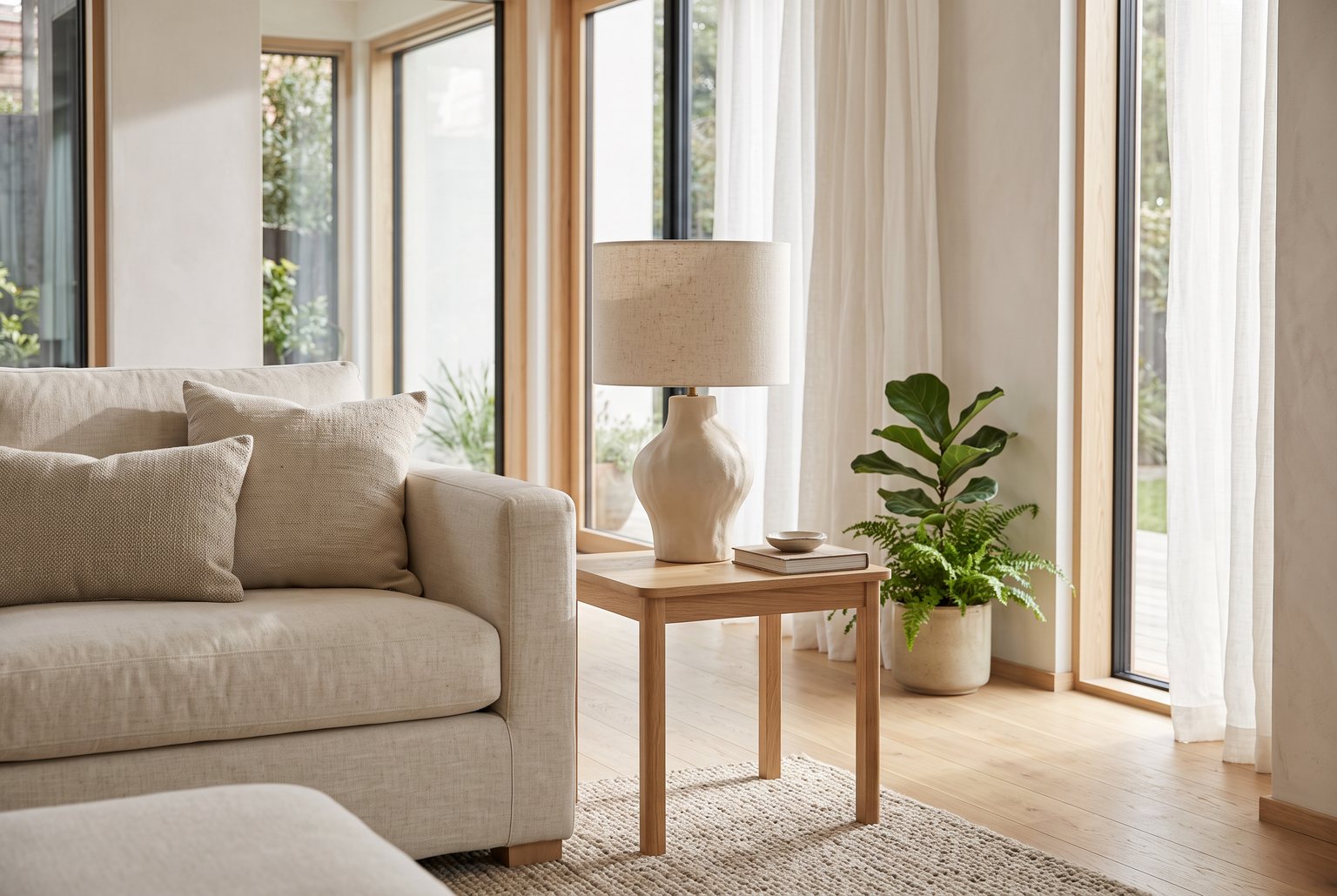 Cream ceramic table lamp placed in a sunlit Scandinavian living room after a background edit