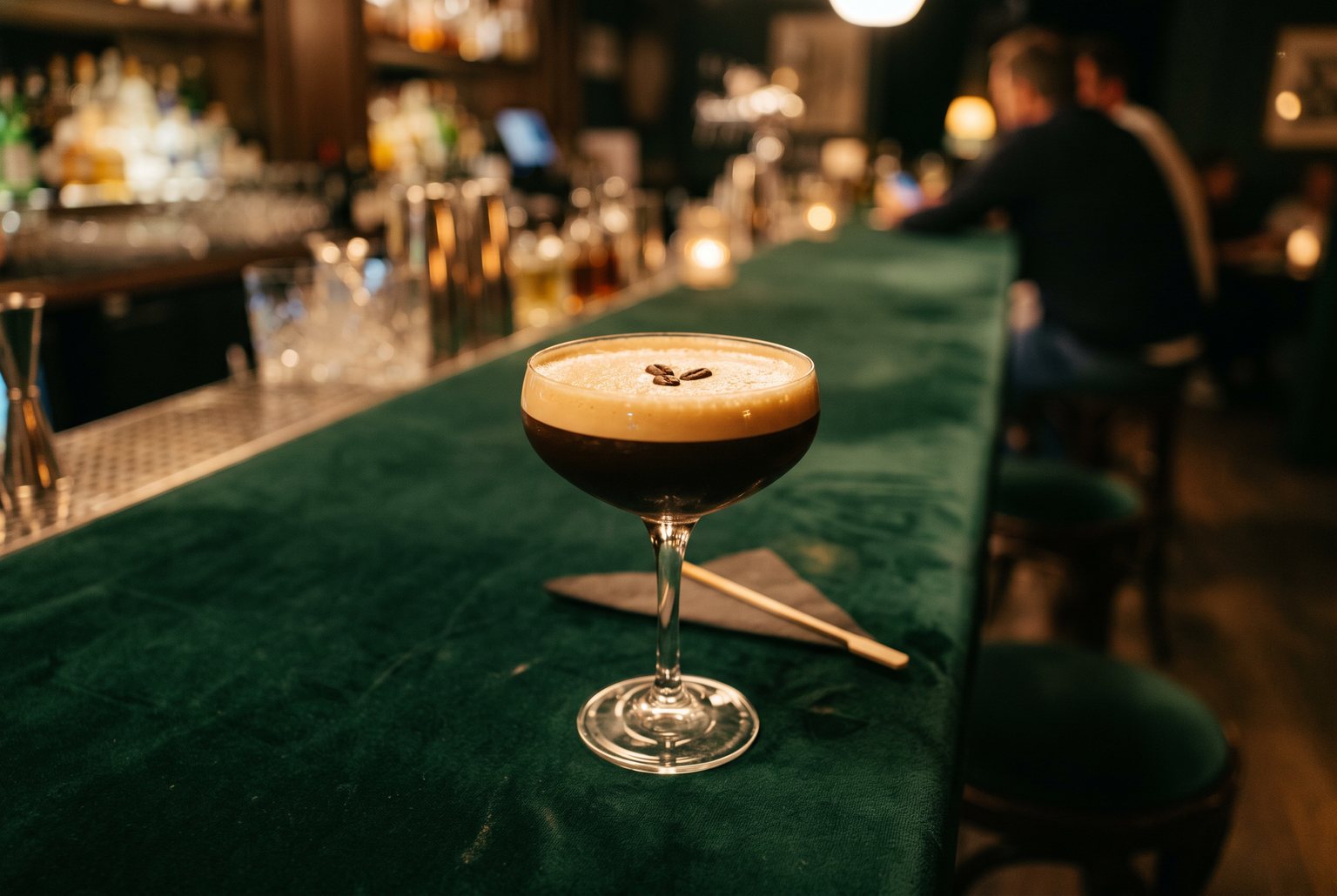 Espresso martini on a green velvet bar in a warm vintage 35mm film look